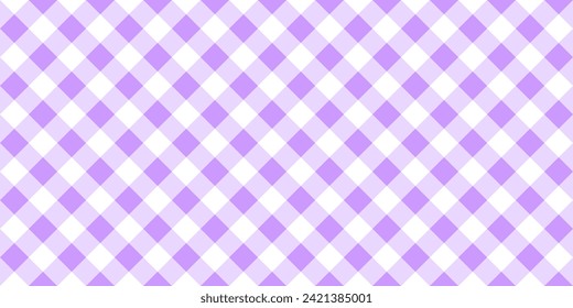 Violette picknickartige Textur. Diagonal Gingham Muster. Tablettenkern, ölbekleidete Gewebe, Korbserviere, Decken, Taschentuch, Wickelpapier, Küchentücherabdruck. Flaschentücher, Leinen oder Baumwollstoffe.