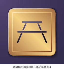 Purple Picnic table with benches on either side of the table icon isolated on purple background. Gold square button. Vector