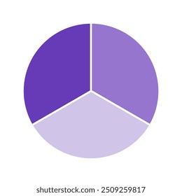 Gráfico de pizza roxa com gráfico de 3 partes, seção de 3 círculos para conceito de apresentação de negócios. Vetor de meta global para marketing e educação.