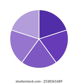 Purple pie chart with 5 parts chart, 5 circle section for business presentation concept. Overall for marketing and education goal vector.