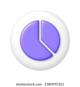 Purple pie chart icon on white round button. 3d cartoon design element. Vector illustration.