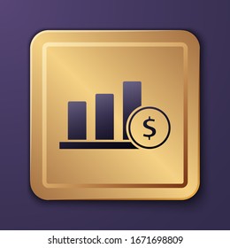 Violett-Kuchen-Diagramm Infografik und Dollar-Symbol Symbol einzeln auf violettem Hintergrund. Diagramm Diagramm Diagramm Zeichen. Goldquadrat-Taste. Vektorillustration-Illustration