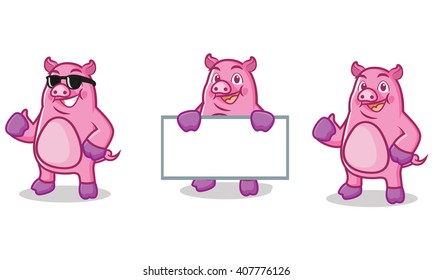 Purple Pig Mascot happy, pose and bring board