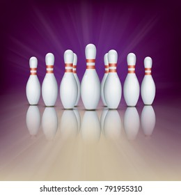 Purple pin deck with white bowling pins. Eps 10 vector file.