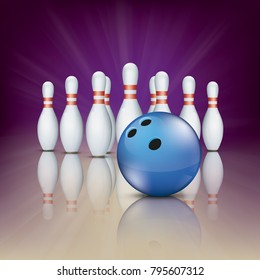 Purple pin deck with white bowling pins and blue ball. Eps 10 vector file.