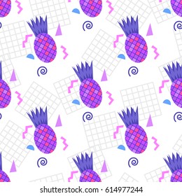 Purple pineapples and abstract shapes on a white background. Seamless pattern in the trendy style of the 80's. Universal print. Vector illustration EPS 8