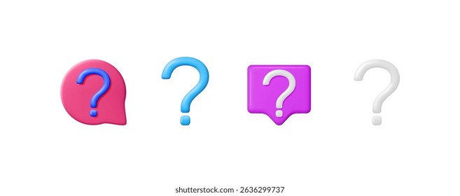 Purple and pink 3d speech bubble with question mark. Blue, white question mark symbol. FAQ, assistance, help and support concept.