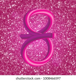 Purple and pink abstract blurred background with bokeh effect. Spring, nature, overcast. Elegant 3d number 8 performed by the movement of the heart. Vector illustration.