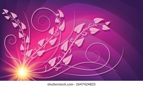 Fundo de arte rosa roxo com ramos curvos com folhas. Uma excelente ilustração para publicidade, cartazes, cartões postais, cartões de visita, atributos corporativos e seus outros projetos. Vetor.