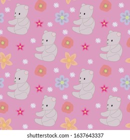 Purple pink background with gray teddy bear floral cute seamless vector pattern.