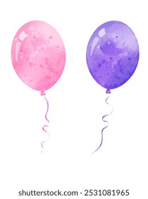 Balões roxos e rosados. Conjunto de elementos de aquarela vetorial para design infantil, cartões, convite de aniversário