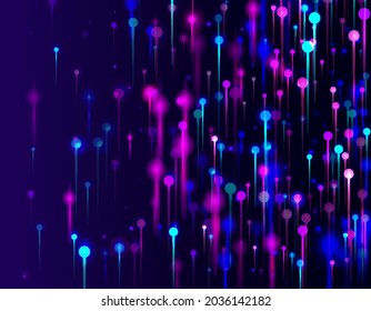Purple Pink Blue Abstract Background. Neon Light Nodes Particles. Big Data Artificial Intelligence Internet Futuristic Wallpaper. Network Scientific Banner. Social Science Fiber Optics Light Pins.