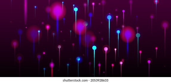 Purple Pink Blue Abstract Background. Neon Light Nodes Elements. Artificial Intelligence Big Data Internet Technology Wallpaper. Network Technology Banner. Social Science Fiber Optics Light Pins.