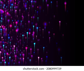 Purple Pink Blue Abstract Background. Network Technology Banner. Vivid Light Nodes Elements. Big Data Artificial Intelligence Ethernet Futuristic Wallpaper. Social Science Fiber Optics Light Pins.