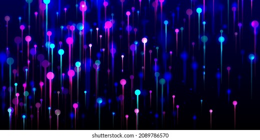 Purple Pink Blue Abstract Wallpaper. Bright Light Rays Particles. Network Scientific Banner. Artificial Intelligence Big Data Internet Technology Background. Fiber Optics Social Science Light Pins.