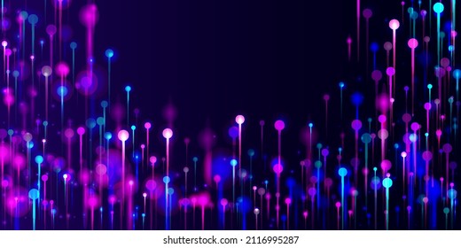 Purple Pink Blue Abstract Wallpaper. Network Scientific Banner. Big Data Artificial Intelligence Internet Futuristic Background. Bright Light Nodes Elements. Social Science Fiber Optics Light Pins.