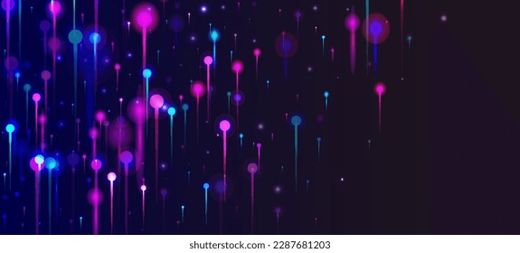 Purple Pink Blue Abstract Wallpaper. Artificial Intelligence Big Data Internet Futuristic Background. Network Technology Banner. Neon Light Glow Elements. Fiber Optics Social Science Light Pins.