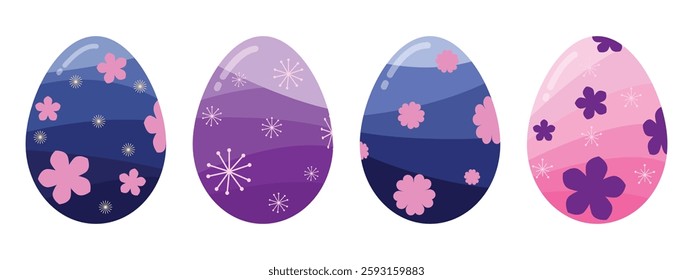 Purple Pink And Blue Color Easter Eggs With Flowers Decorations