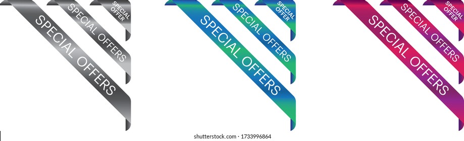 Purple with pink, Blue with green & black with white Gradient color side ribbon and curled edge special offer banner, vector illustration.