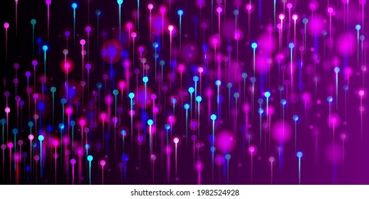 Purple Pink Blue Modern Background. Network Scientific Banner. Artificial Intelligence Big Data Internet Futuristic Wallpaper. Neon Light Glow Particles. Social Science Fiber Optics Light Pins.