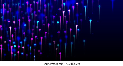 Purple Pink Blue Modern Background. Big Data Artificial Intelligence Ethernet Technology Wallpaper. Neon Light Pins Elements. Network Scientific Banner. Fiber Optics Social Science Light Pins.