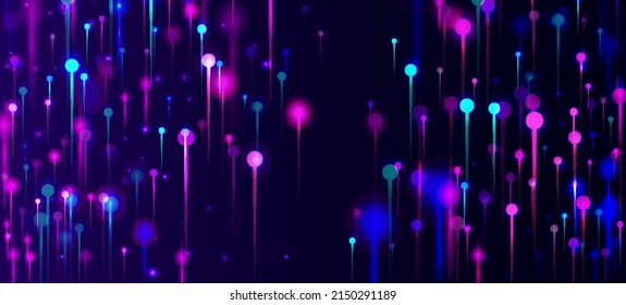 Purple Pink Blue Modern Background. Network Scientific Banner. Artificial Intelligence Big Data Internet Futuristic Wallpaper. Bright Light Pins Elements. Social Science Fiber Optics Light Pins.