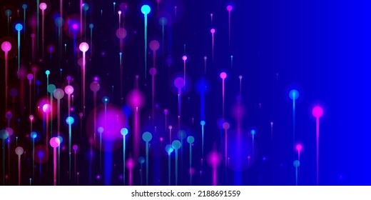 Purple Pink Blue Modern Background. Network Technology Banner. Artificial Intelligence Big Data Ethernet Technology Wallpaper. Vivid Light Pins Particles. Social Science Fiber Optics Light Pins.