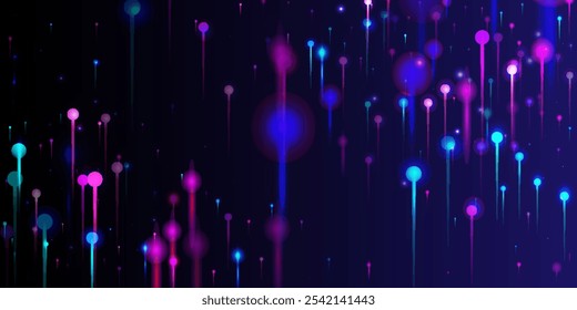 Purple Pink Blue Modern Background. Network Technology Banner. Neon Light Nodes Elements. Artificial Intelligence Big Data Ethernet Technology Wallpaper. Fiber Optics Social Science Light Pins.