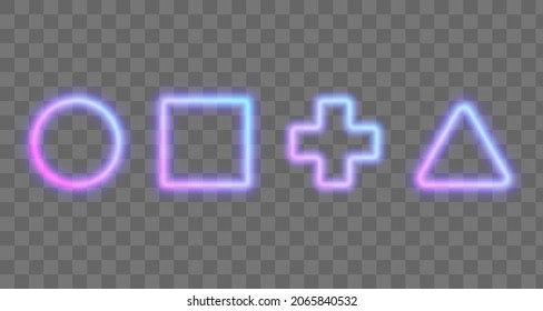 Purple, pink, blue neon empty frame, shapes, figures, circle, square, cross, triangle on transparent background. Vector illustration for card, design, flyer, poster, banner, web, advertising.