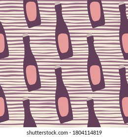 Purple and pink bottle silhouettes seamless pattern. Alcohol print on stripped background. Designed for wallpaper, textile, wrapping paper, fabric print. Vector illustration.