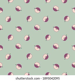 Purple and pink colored apples silhouettes seamless doodle pattern. Pastel grey background. Fruit artwork. Graphic design for wrapping paper and fabric textures. Vector Illustration.