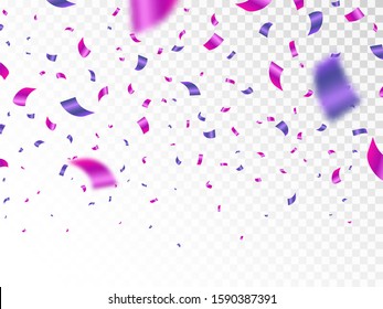 Purple and pink confetti isolated on transparent background. Falling color confetti. Realistic bright serpentine. Flying festive tinsel. Anniversary decoration elements. Vector illustration.