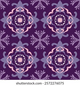 Purple and pink damask seamless pattern with mandalas. Vintage decorative elements. Vector illustration. Design for ceramic pottery, tiles, sarees, and clothing.