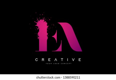 Purple Pink EA E A Letter Logo Design with Ink Watercolor Splash Spill Vector Illustration.