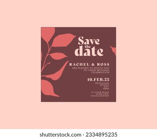 Elegante púrpura y rosa Guardar la plantilla de fecha con hojas - Diseño sencillo y encantador para su día especial