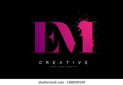 Purple Pink EM E M Letter Logo Design with Ink Watercolor Splash Spill Vector Illustration.