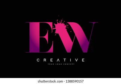 Purple Pink EW E W Letter Logo Design with Ink Watercolor Splash Spill Vector Illustration.