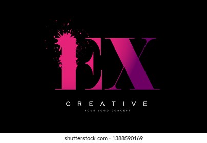 Purple Pink EX E X Letter Logo Design with Ink Watercolor Splash Spill Vector Illustration.