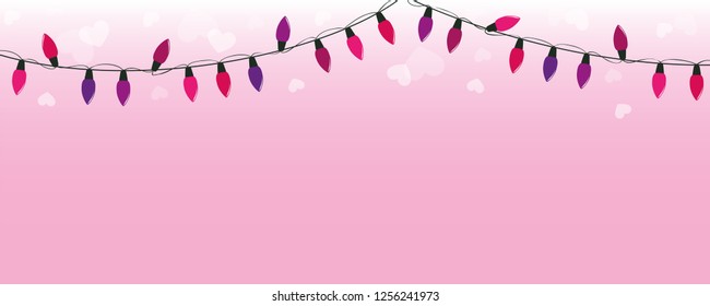 purple and pink fairy lights on pink background with hearts vector illustration EPS10