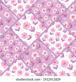 Purple pink floral diagonal patchwork with lace, vector seamless pattern