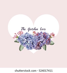 Purple and pink floral in garden invitation card, flower pattern and heart vector illustration
