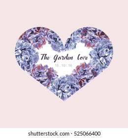 Purple and pink floral in garden invitation card, flower pattern and heart vector illustration