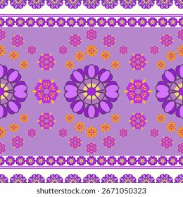 Padrão floral roxo e rosa em um fundo rosa com listras creme