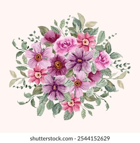 purple pink floral watercolor bouquet