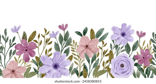 purple pink floral watercolor seamless border