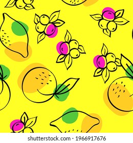 Purple and Pink Fruit Vector Yellow Seamless Pattern. Line Lemon Print. Bright Citrus and Blueberry Drawing Illustration.