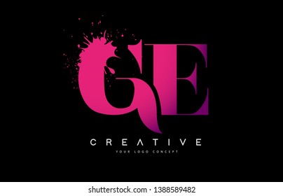 Purple Pink GE G E Letter Logo Design with Ink Watercolor Splash Spill Vector Illustration.