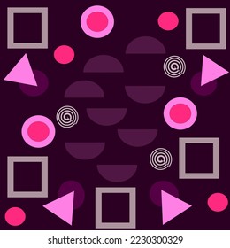 Diseño de patrones geométricos púrpura rosa con cuadrados, círculos, semicírculos, espirales y triángulos