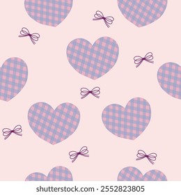 purple pink gingham hearts with  2 layers of purple bows  seamless pattern , vector illustration