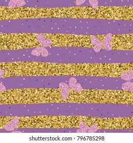 Purple pink glittering butterflies on striped background. Cute seamless pattern for girls. Vector illustration.